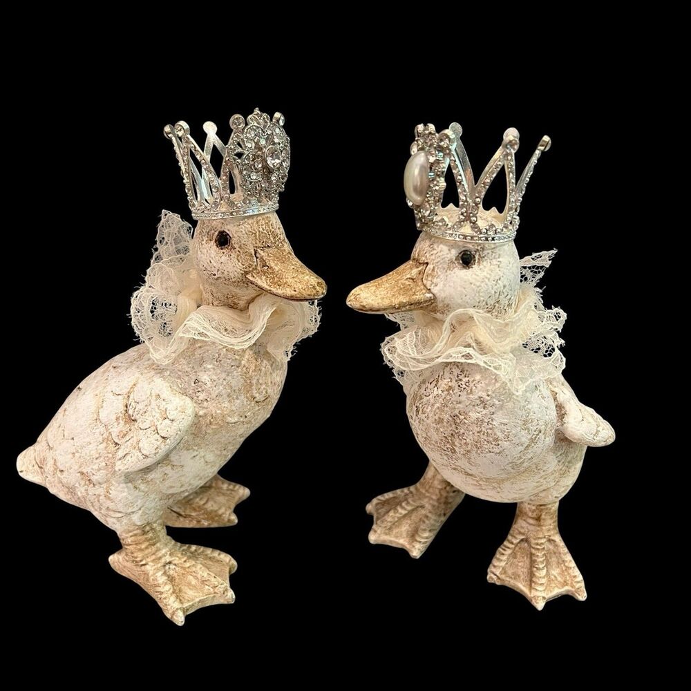 Royal Jeweled Crowned Rustic Ducks Figurines Set of 2 Cottagecore Decor 7.5"